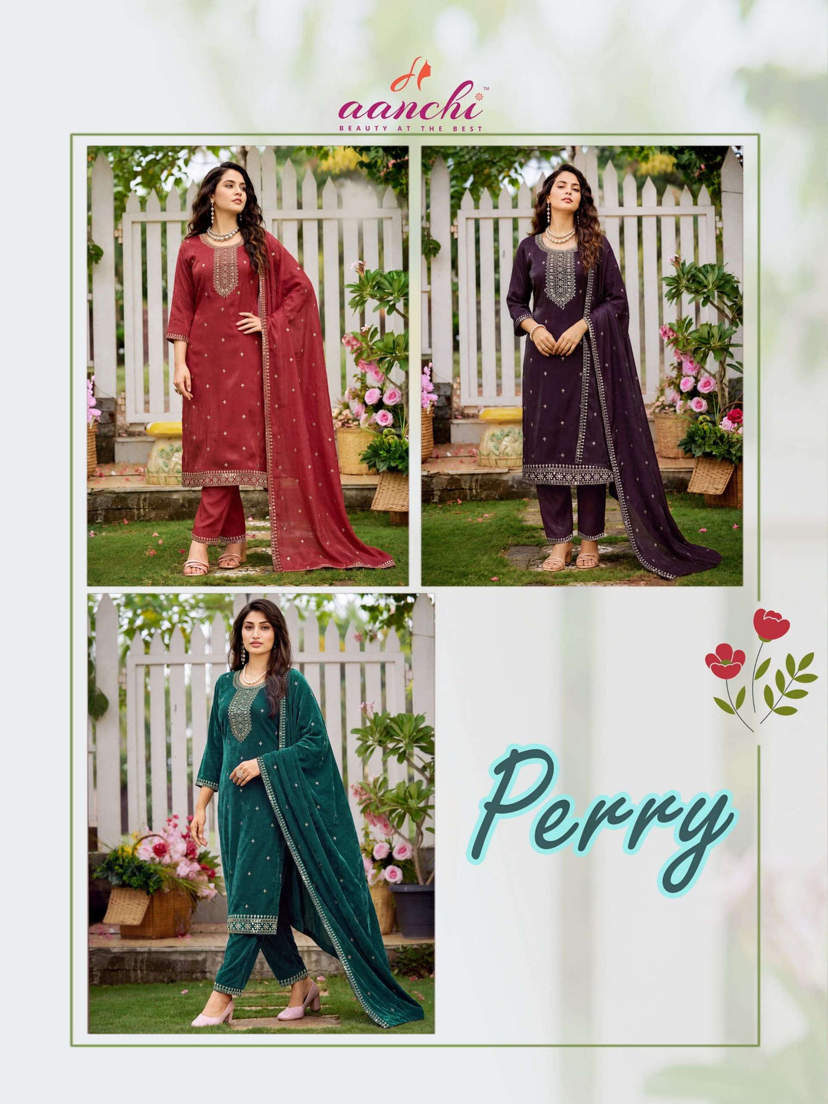 Aanchi Perry Chiffon Satin Embroidered Salwar Suit Set