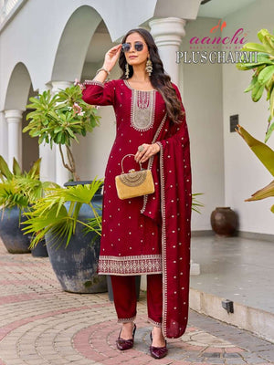 Aanchi Plus Charmi Vichitra Silk Plus Size Kurti Pant Dupatta Set - Amrah Wholesale