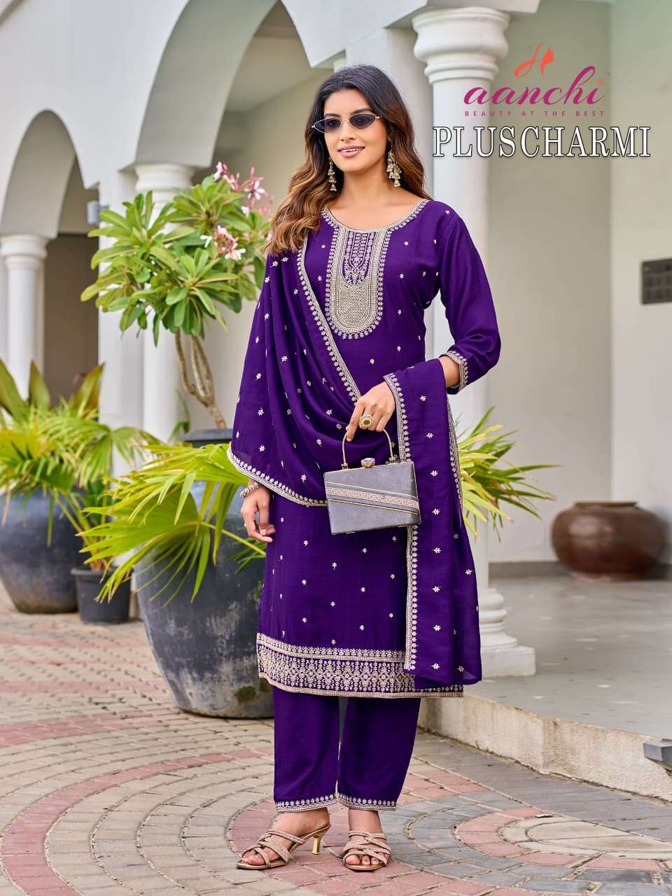 Aanchi Plus Charmi Vichitra Silk Plus Size Kurti Pant Dupatta Set - Amrah Wholesale