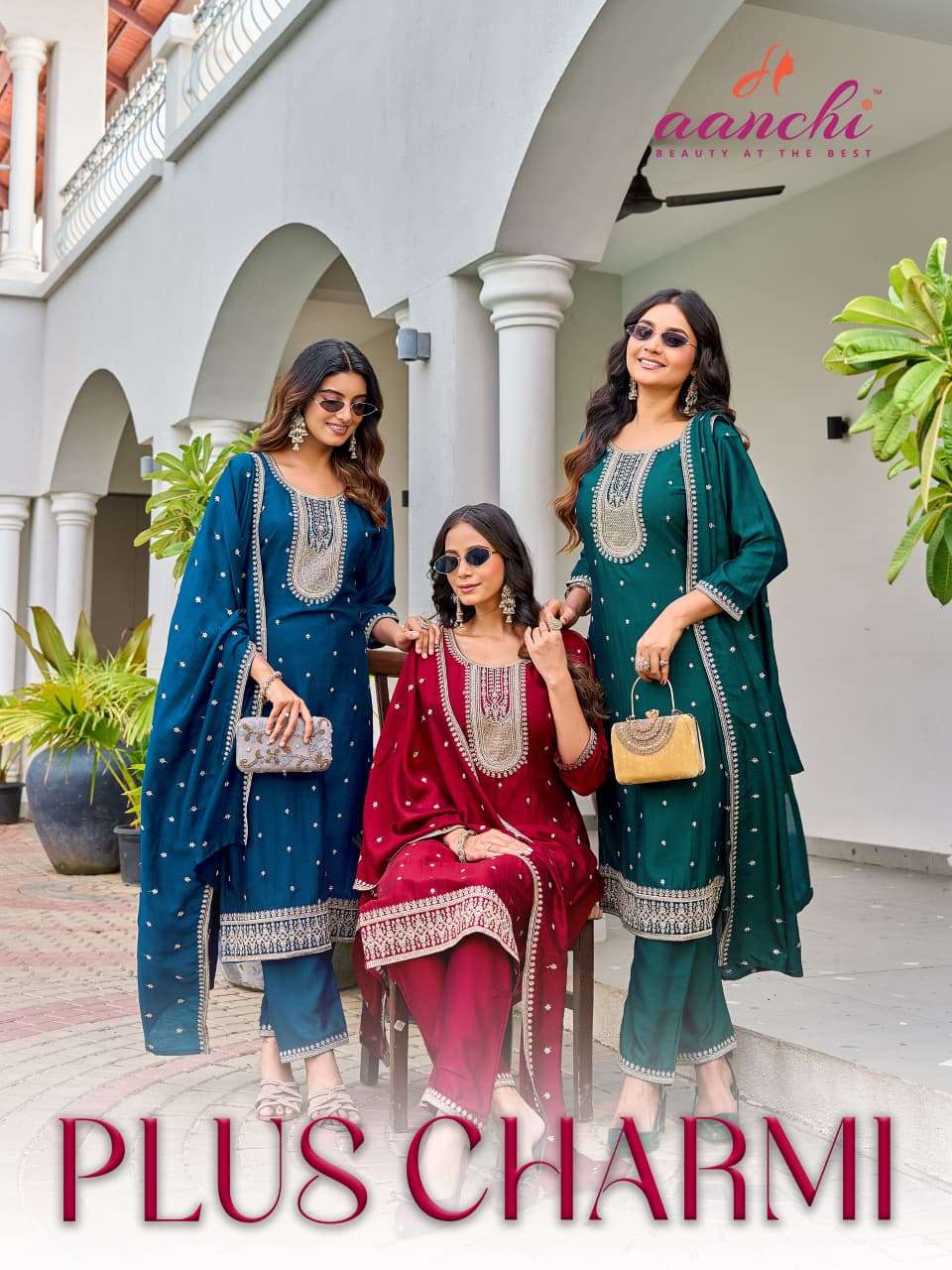 Aanchi Plus Charmi Vichitra Silk Plus Size Kurti Pant Dupatta Set - Amrah Wholesale