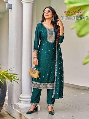 Aanchi Plus Charmi Vichitra Silk Plus Size Kurti Pant Dupatta Set - Amrah Wholesale
