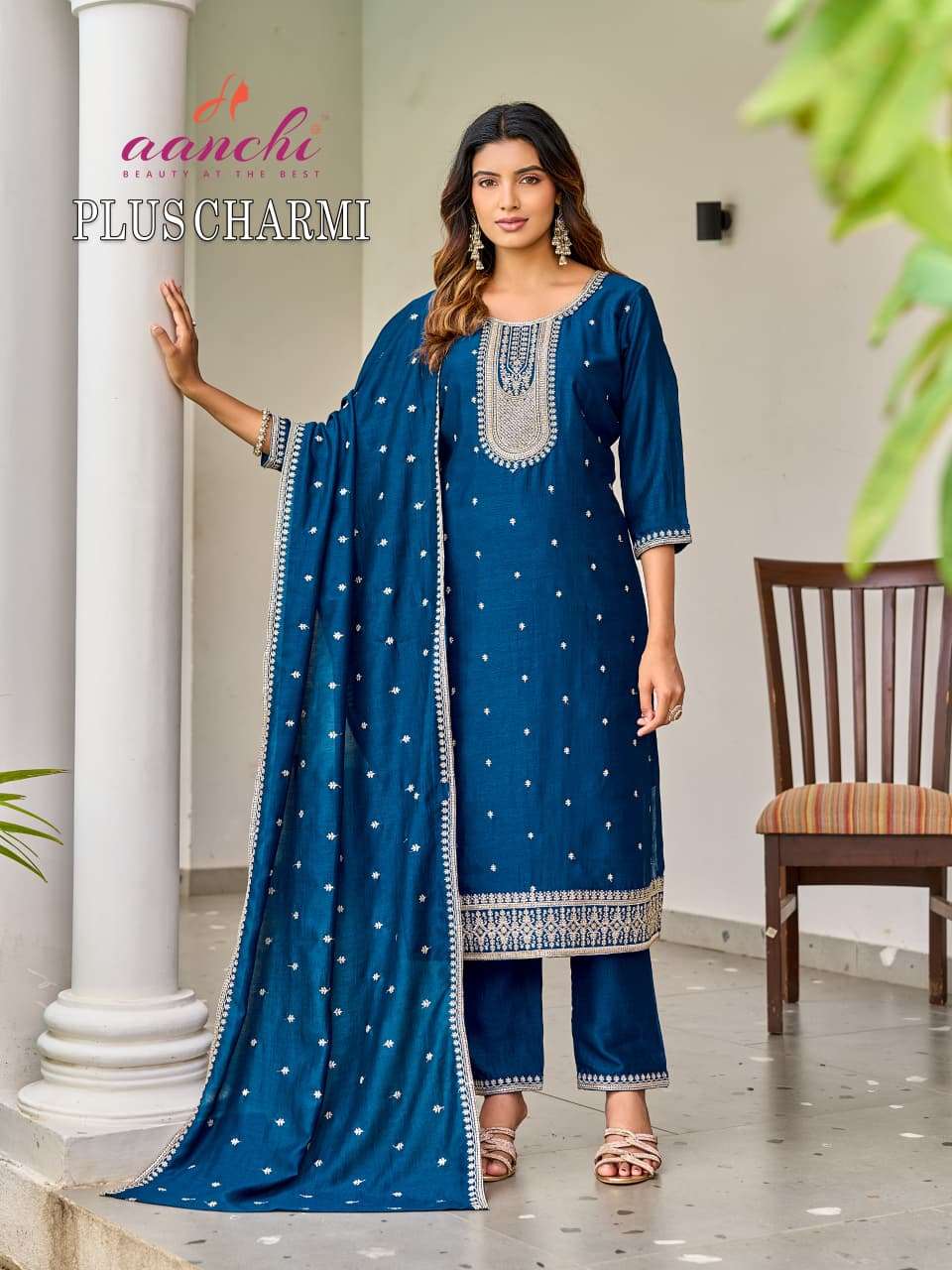 Aanchi Plus Charmi Vichitra Silk Plus Size Kurti Pant Dupatta Set - Amrah Wholesale