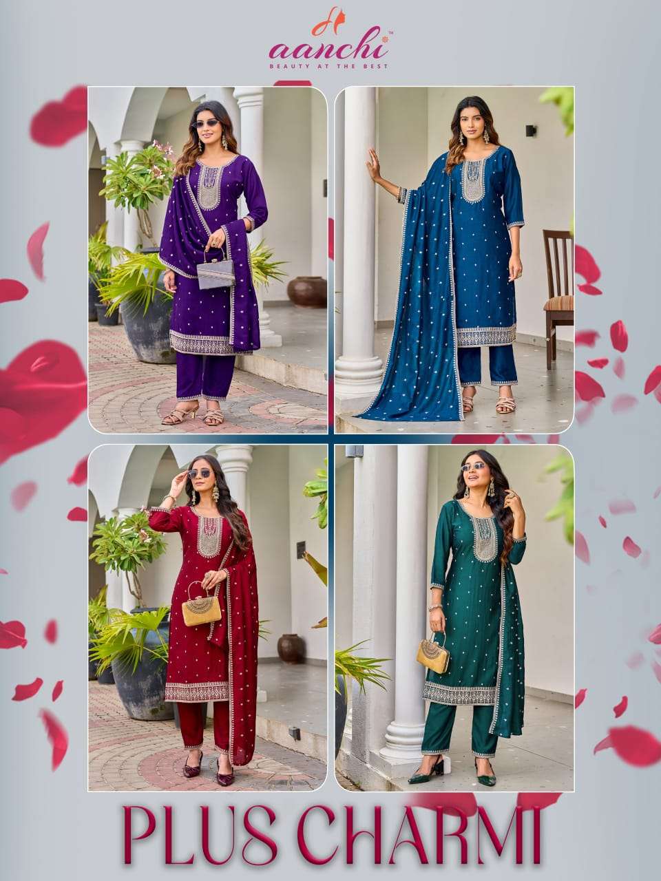 Aanchi Plus Charmi Vichitra Silk Plus Size Kurti Pant Dupatta Set - Amrah Wholesale