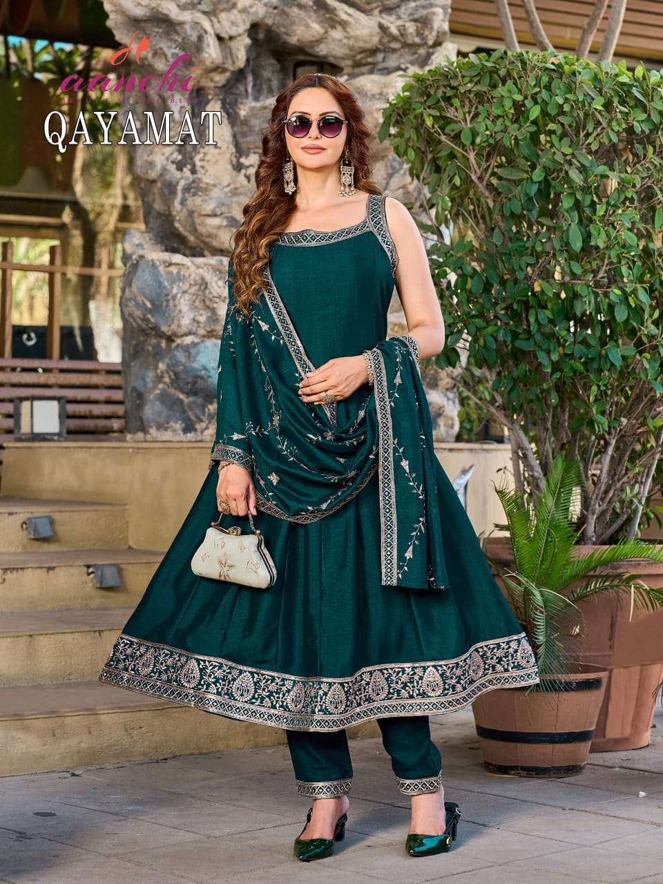 AANCHI QAYAMAT Vichitra Silk Embroidered Anarkali Suit Set