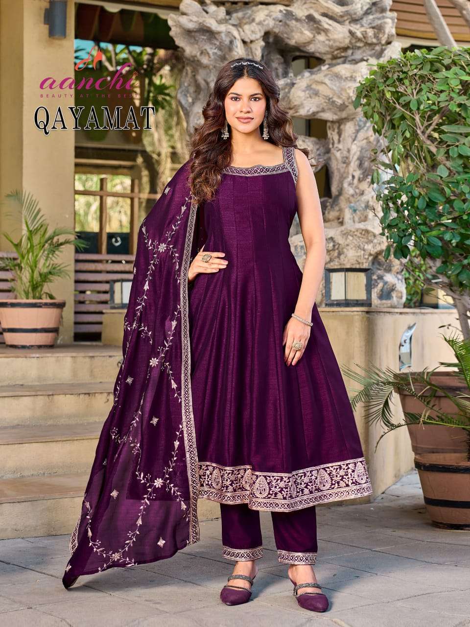 AANCHI QAYAMAT Vichitra Silk Embroidered Anarkali Suit Set