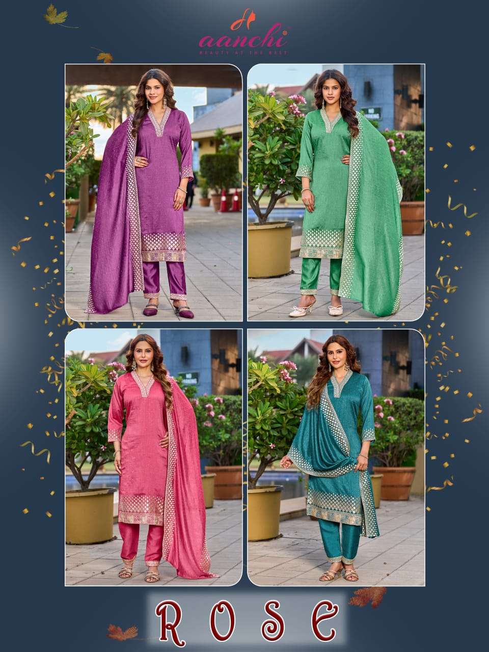 AANCHI ROSE Vichitra Silk Embroidered Dress Set - Amrah Wholesale