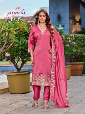 AANCHI ROSE Vichitra Silk Embroidered Dress Set - Amrah Wholesale
