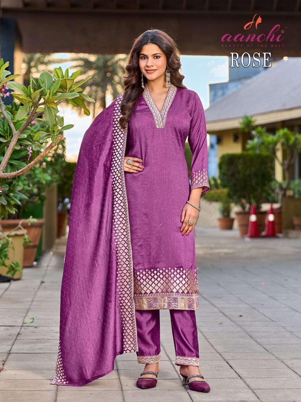 AANCHI ROSE Vichitra Silk Embroidered Dress Set - Amrah Wholesale