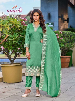 AANCHI ROSE Vichitra Silk Embroidered Dress Set - Amrah Wholesale
