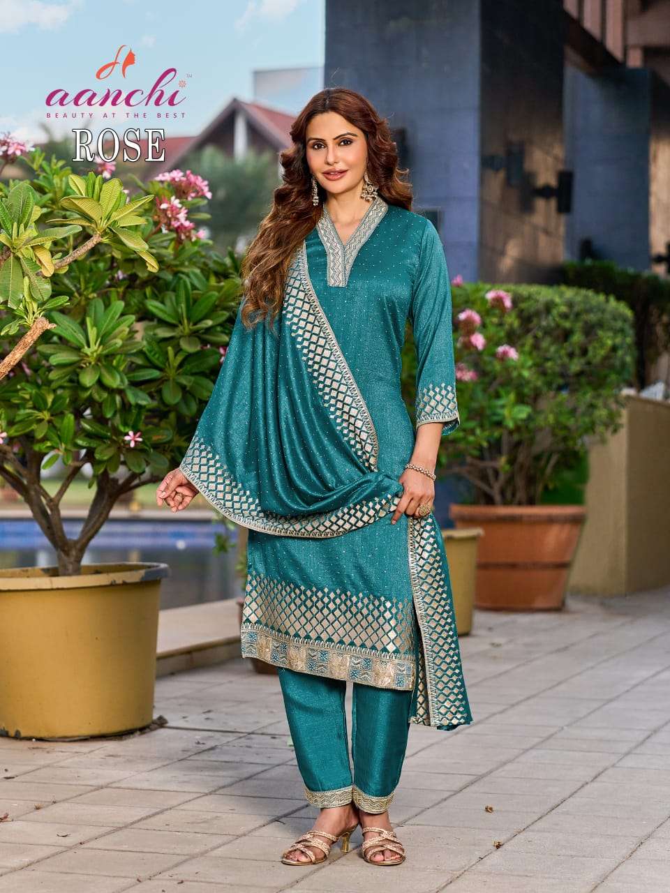AANCHI ROSE Vichitra Silk Embroidered Dress Set - Amrah Wholesale