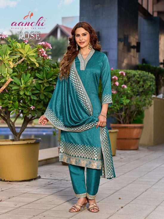 AANCHI ROSE Vichitra Silk Embroidered Dress Set - Amrah Wholesale