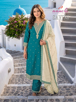 Aanchi Savini Vichitra Silk Embroidered Work Stitched Salwar Suit