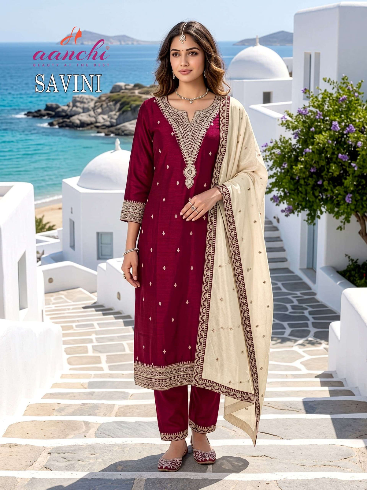 Aanchi Savini Vichitra Silk Embroidered Work Stitched Salwar Suit