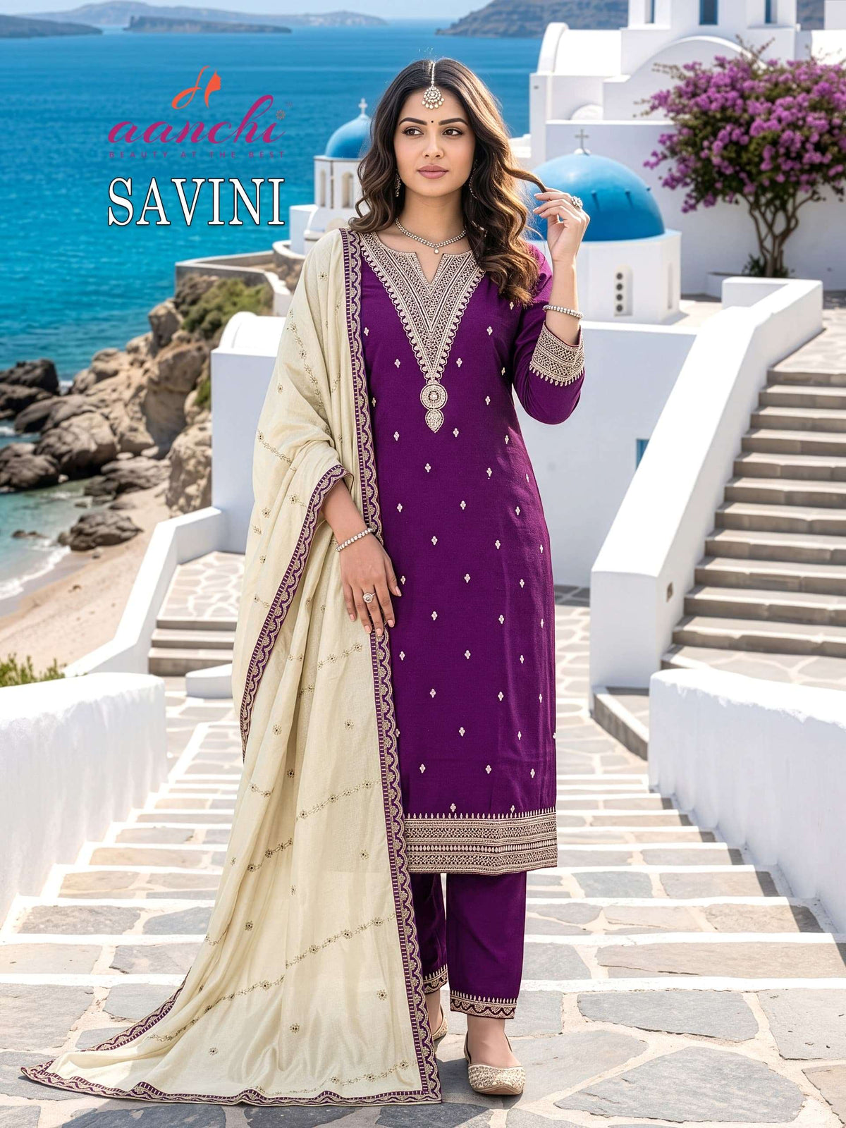 Aanchi Savini Vichitra Silk Embroidered Work Stitched Salwar Suit