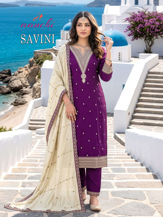 Aanchi Savini Vichitra Silk Embroidered Work Stitched Salwar Suit