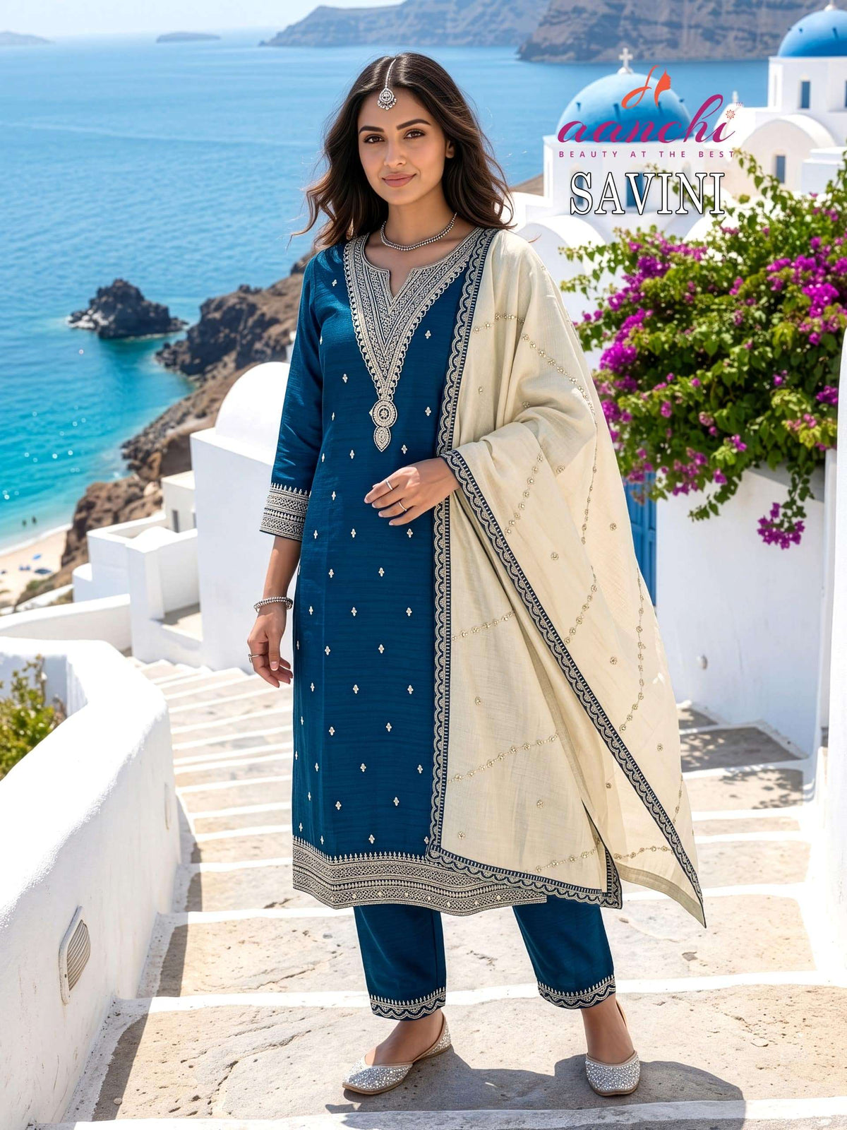Aanchi Savini Vichitra Silk Embroidered Work Stitched Salwar Suit