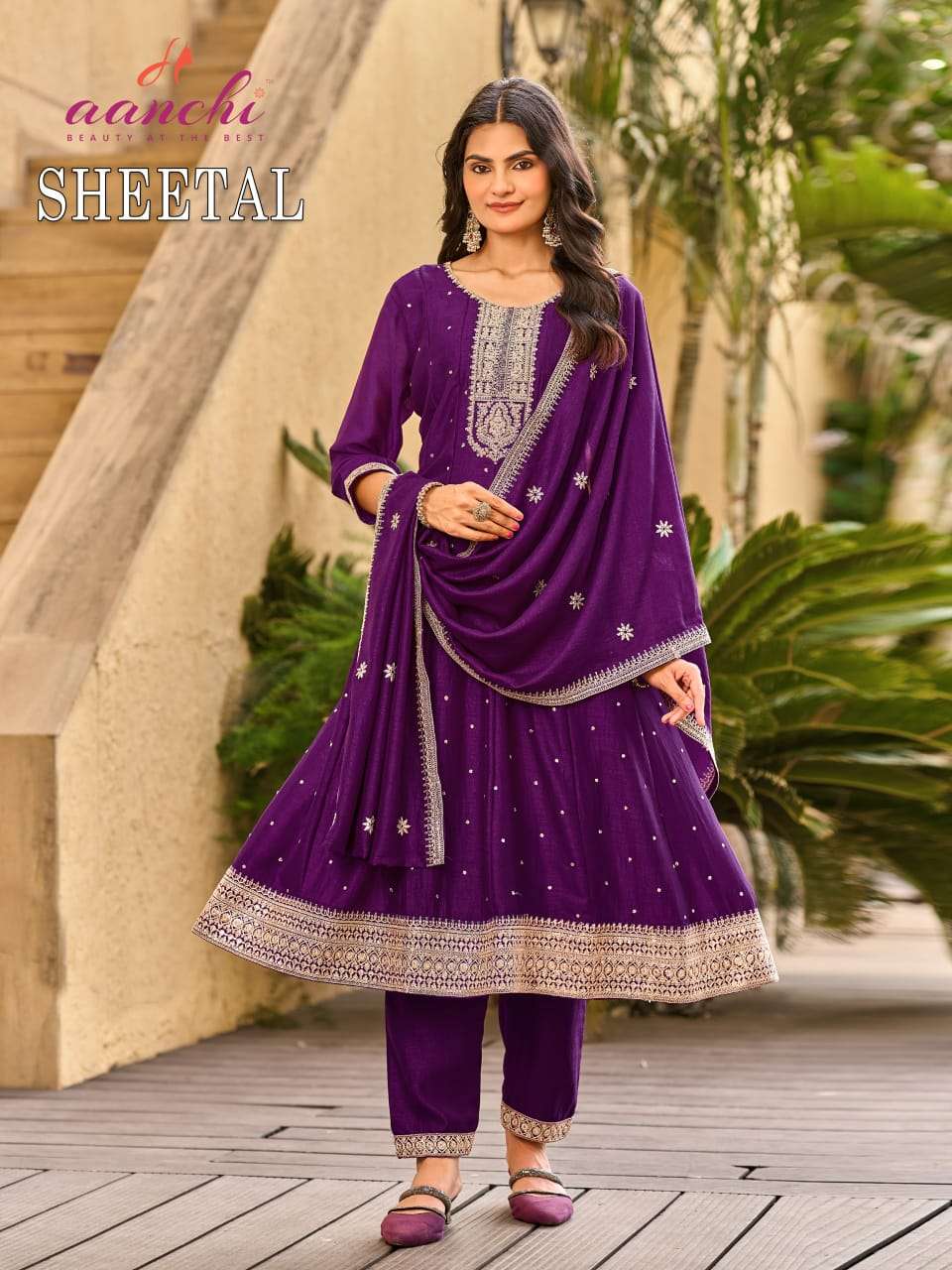 AANCHI SHEETAL Vichitra Silk Embroidered Anarkali Suit Set