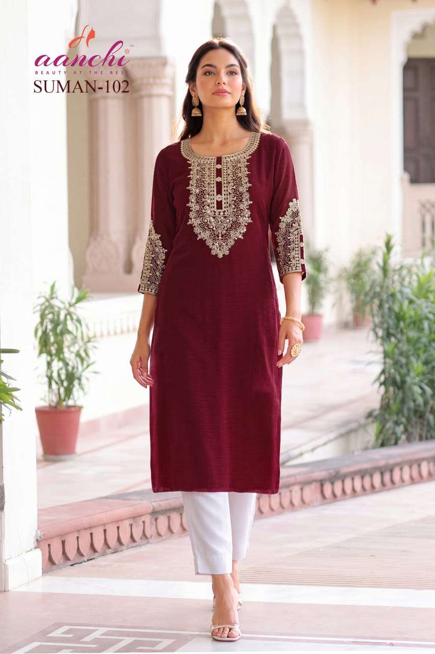 Aanchi Suman Fancy Printed Stitched Kurti Pant Set - Amrah Wholesale