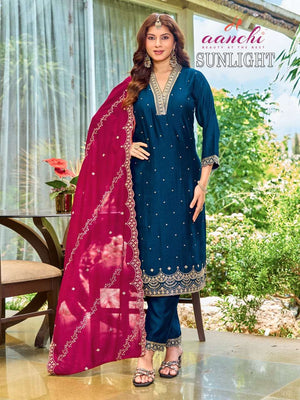 Aanchi Sunlight Vichitra Silk Punjabi Suit Set - Amrah Wholesale