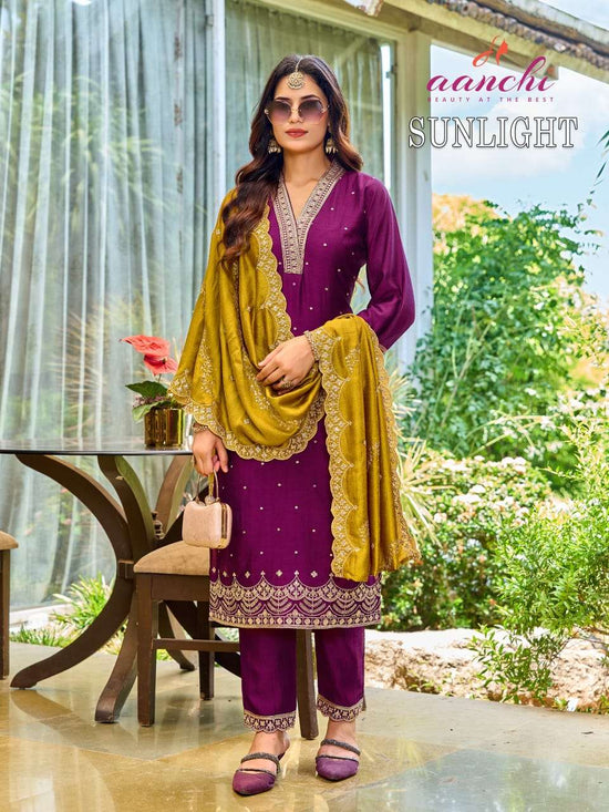 Aanchi Sunlight Vichitra Silk Punjabi Suit Set - Amrah Wholesale