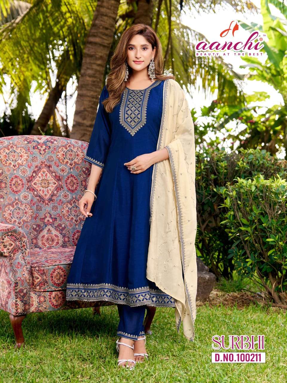 AANCHI SURBHI Vichitra Silk Anarkali Punjabi Suit Set - Amrah Wholesale