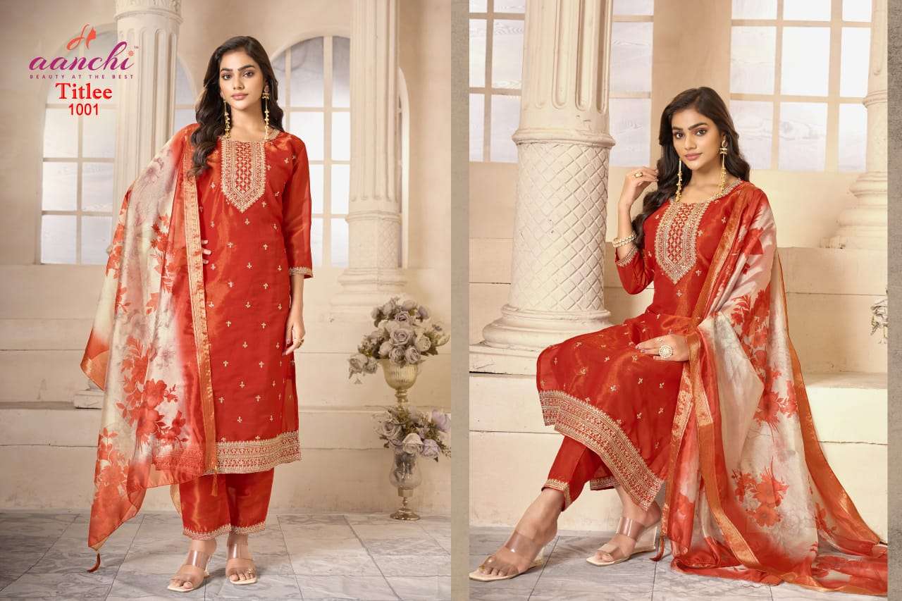 Aanchi Titlee Tissue Simmer Kurti Set