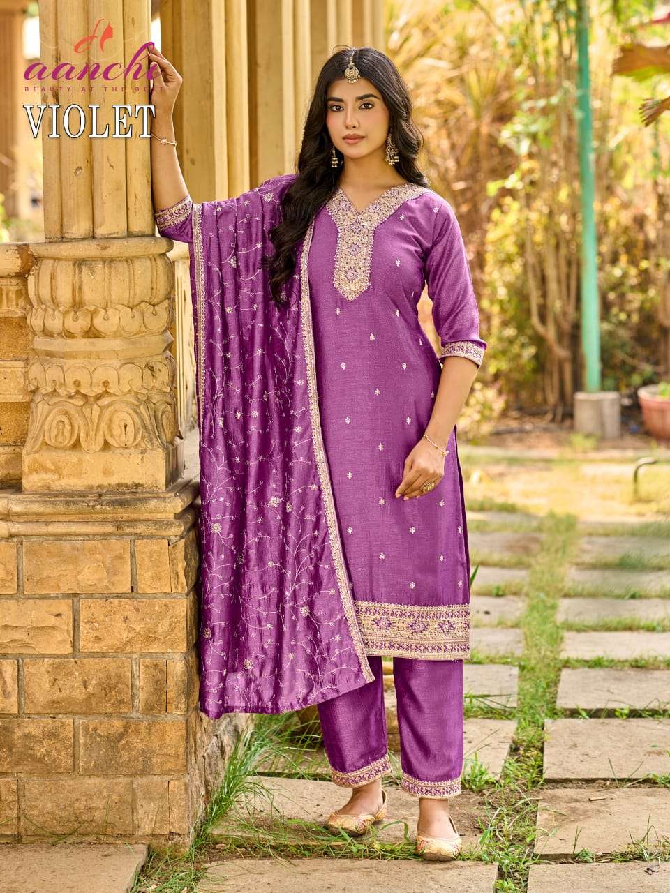 AANCHI VIOLET Vichitra Silk Embroidered Punjabi Suit Set - Amrah Wholesale