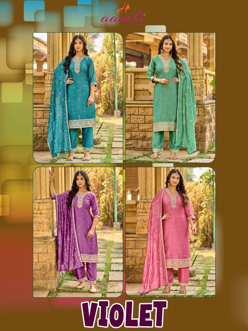 AANCHI VIOLET Vichitra Silk Embroidered Punjabi Suit Set - Amrah Wholesale