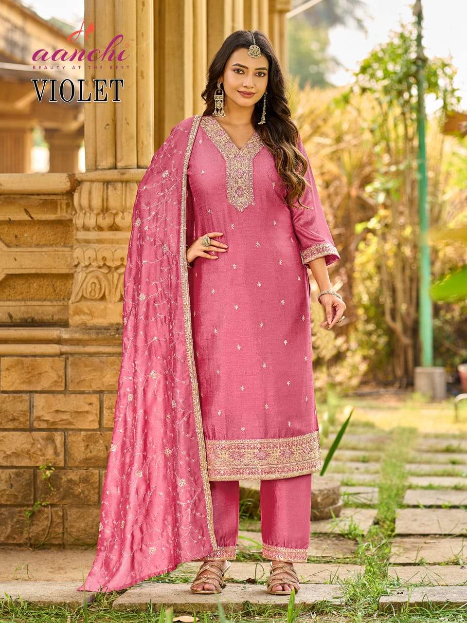 AANCHI VIOLET Vichitra Silk Embroidered Punjabi Suit Set - Amrah Wholesale