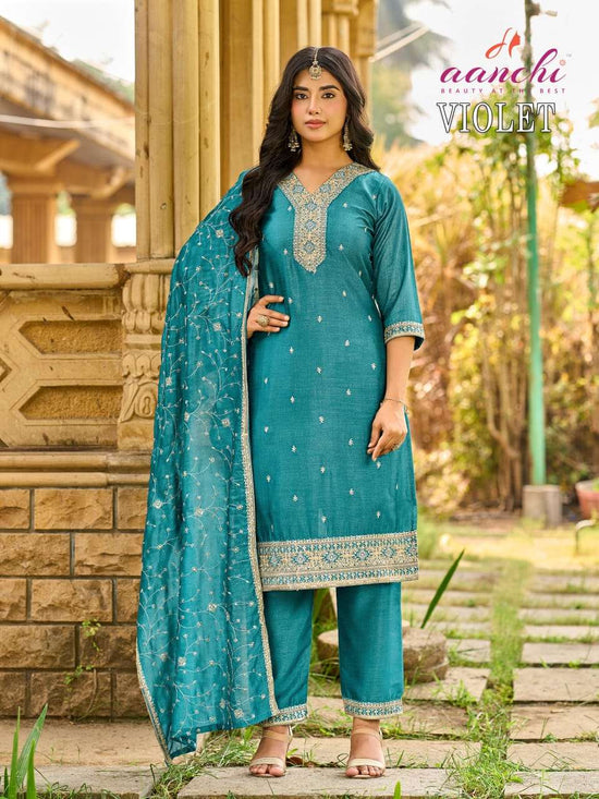 AANCHI VIOLET Vichitra Silk Embroidered Punjabi Suit Set - Amrah Wholesale