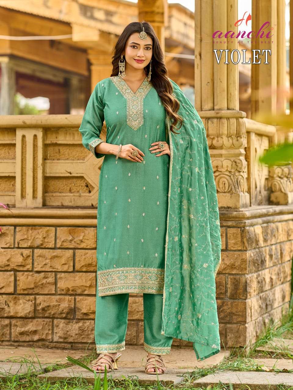 AANCHI VIOLET Vichitra Silk Embroidered Punjabi Suit Set - Amrah Wholesale
