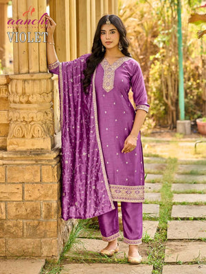 AANCHI VIOLET Vichitra Silk Embroidered Punjabi Suit Set