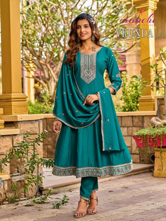 AANCHI VRUNDA Vichitra Silk Embroidered Anarkali Dress Set - Amrah Wholesale