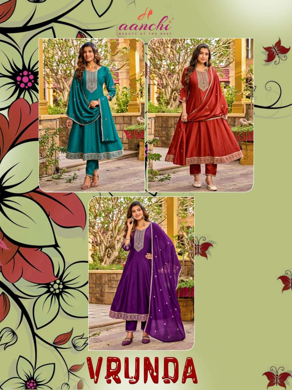 AANCHI VRUNDA Vichitra Silk Embroidered Anarkali Dress Set - Amrah Wholesale