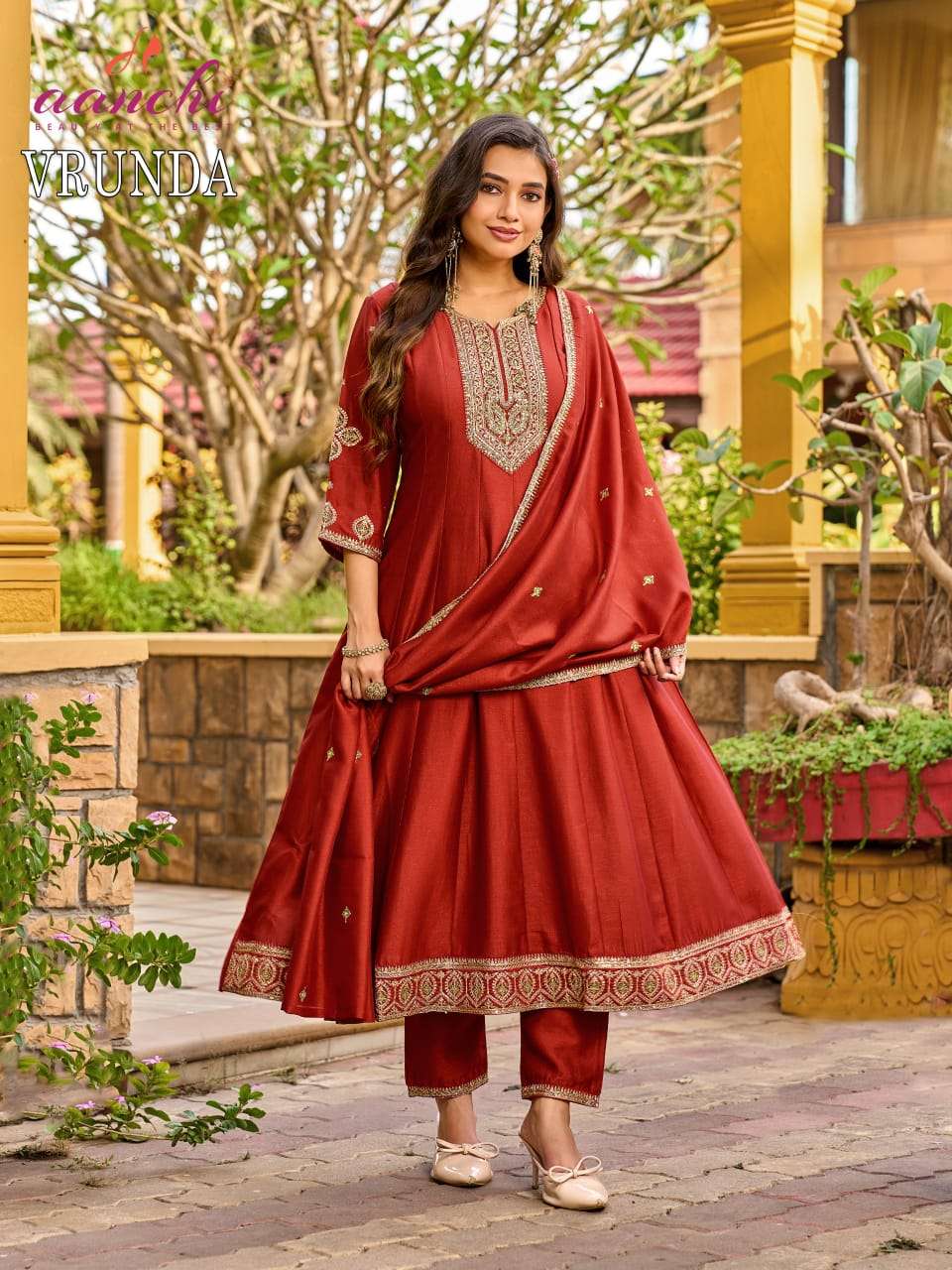 AANCHI VRUNDA Vichitra Silk Embroidered Anarkali Dress Set - Amrah Wholesale