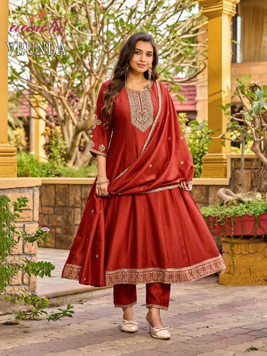 AANCHI VRUNDA Vichitra Silk Embroidered Anarkali Dress Set - Amrah Wholesale