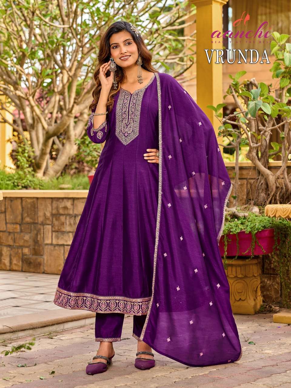 AANCHI VRUNDA Vichitra Silk Embroidered Anarkali Dress Set - Amrah Wholesale