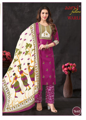 Aarvi Fashion Warli Pure Cotton Hand Work Kurti Pant Dupatta Set - Amrah Wholesale