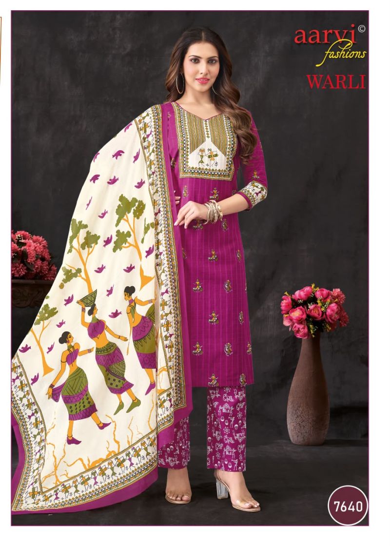 Aarvi Fashion Warli Pure Cotton Hand Work Kurti Pant Dupatta Set