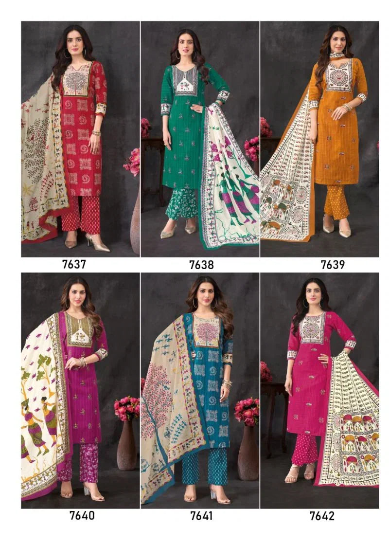 Aarvi Fashion Warli Pure Cotton Hand Work Kurti Pant Dupatta Set