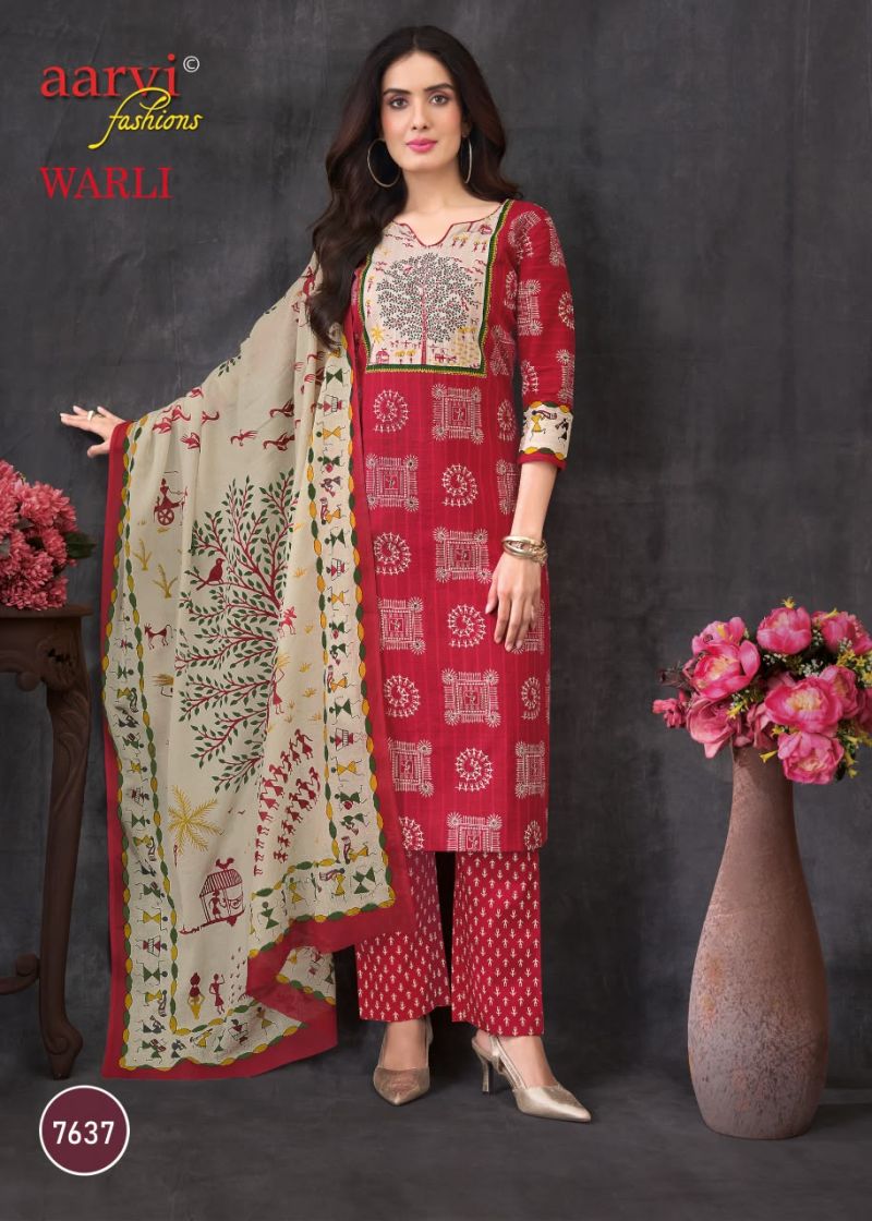 Aarvi Fashion Warli Pure Cotton Hand Work Kurti Pant Dupatta Set