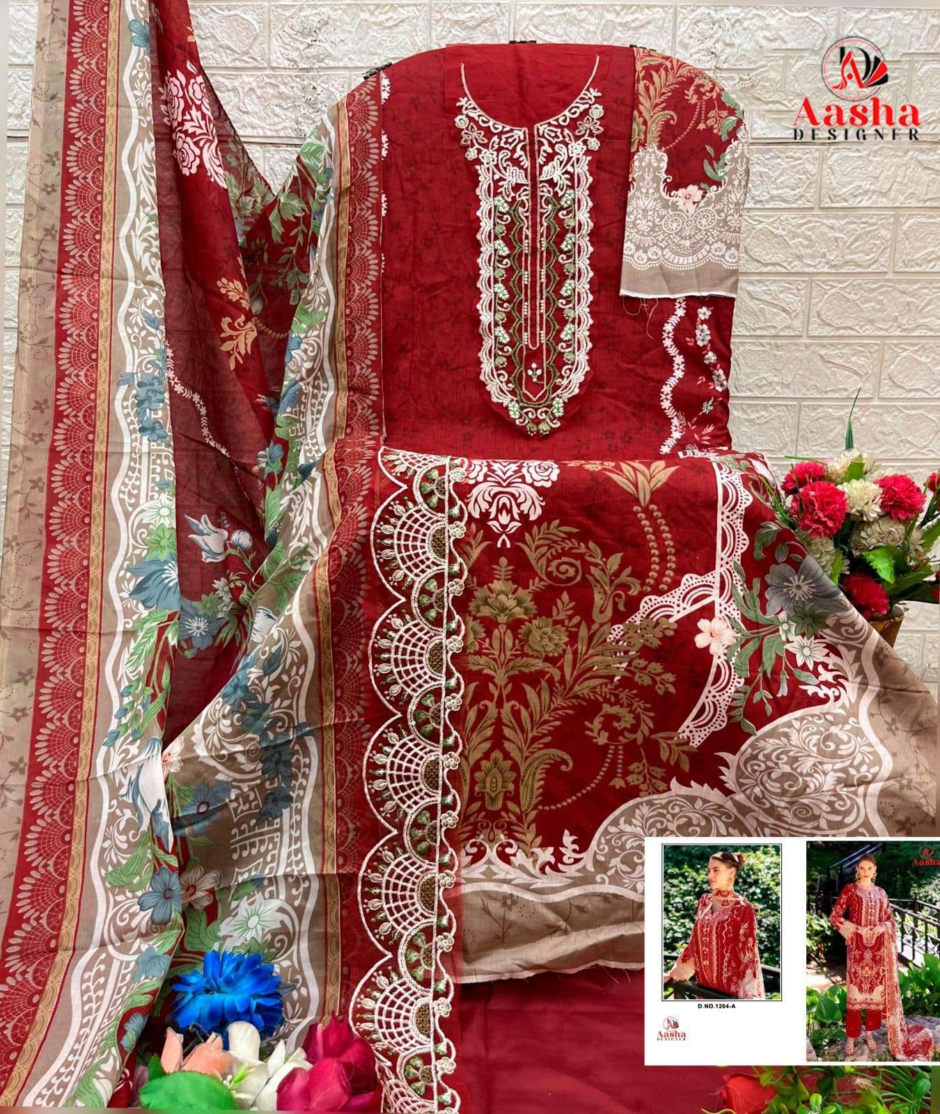 AASHA DESIGNER 1208 Cotton Embroidered Semi Stitched Pakistani Suit