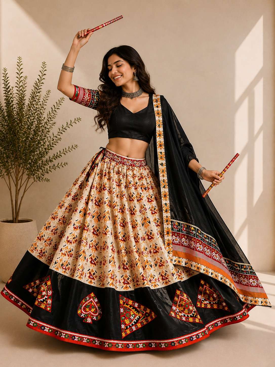 Aawiya 8038 Patola Print Gamthi Work Stitched Rayon Cotton Lehenga