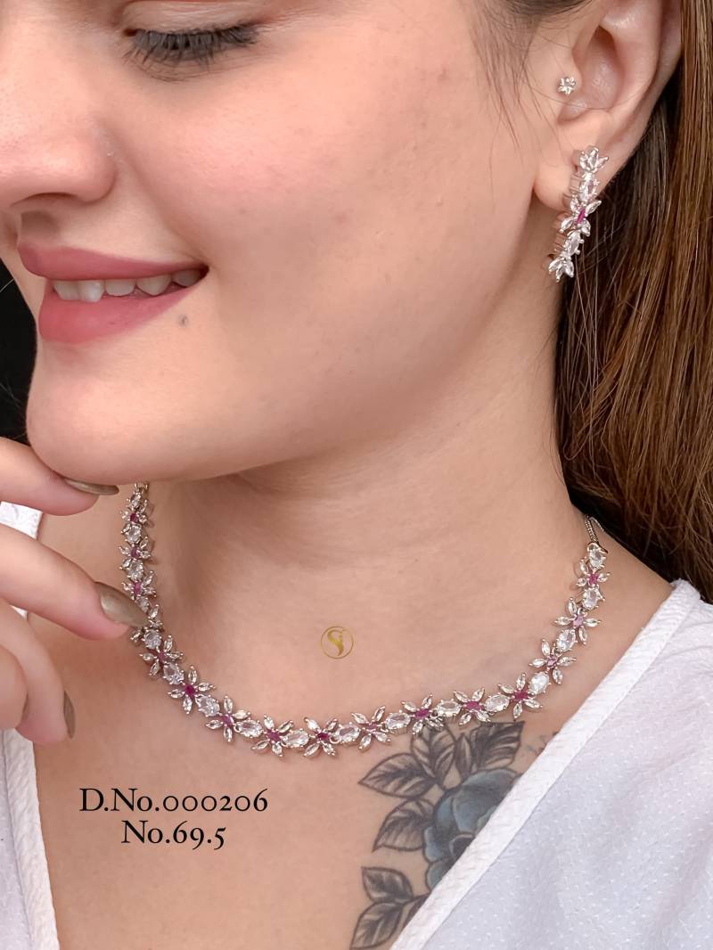 AD Diamond Silver And Rose Gold Necklace Set 16
