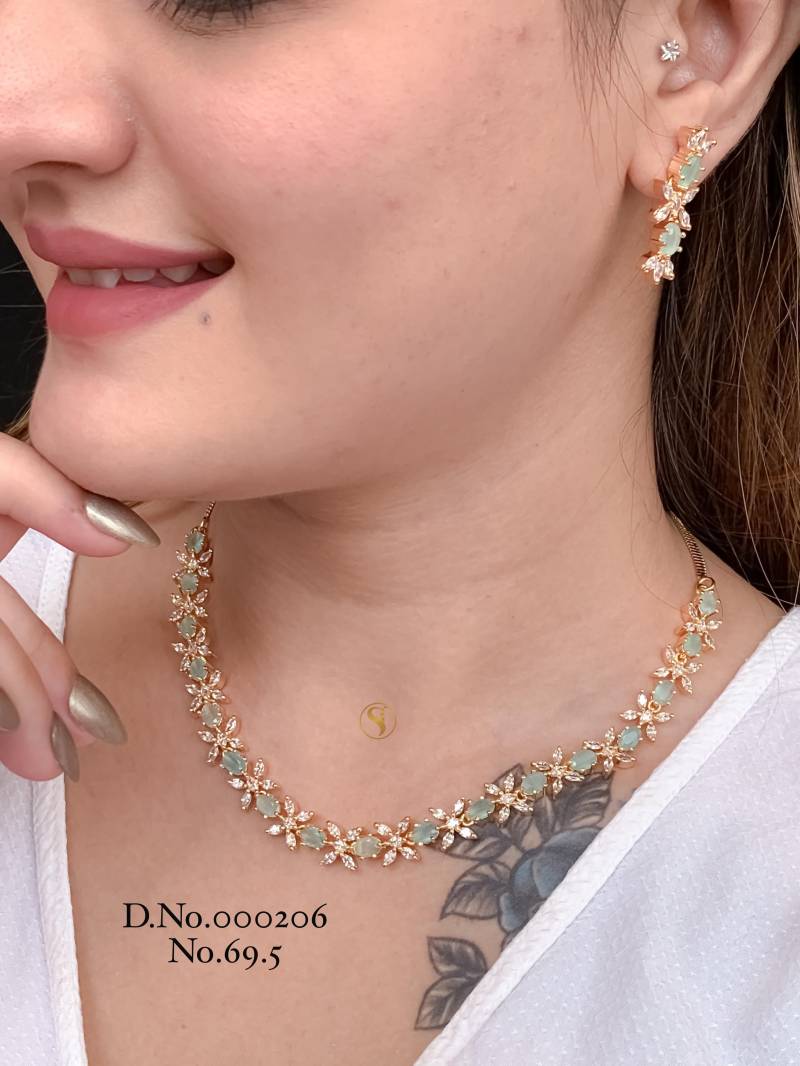 AD Diamond Silver And Rose Gold Necklace Set 16