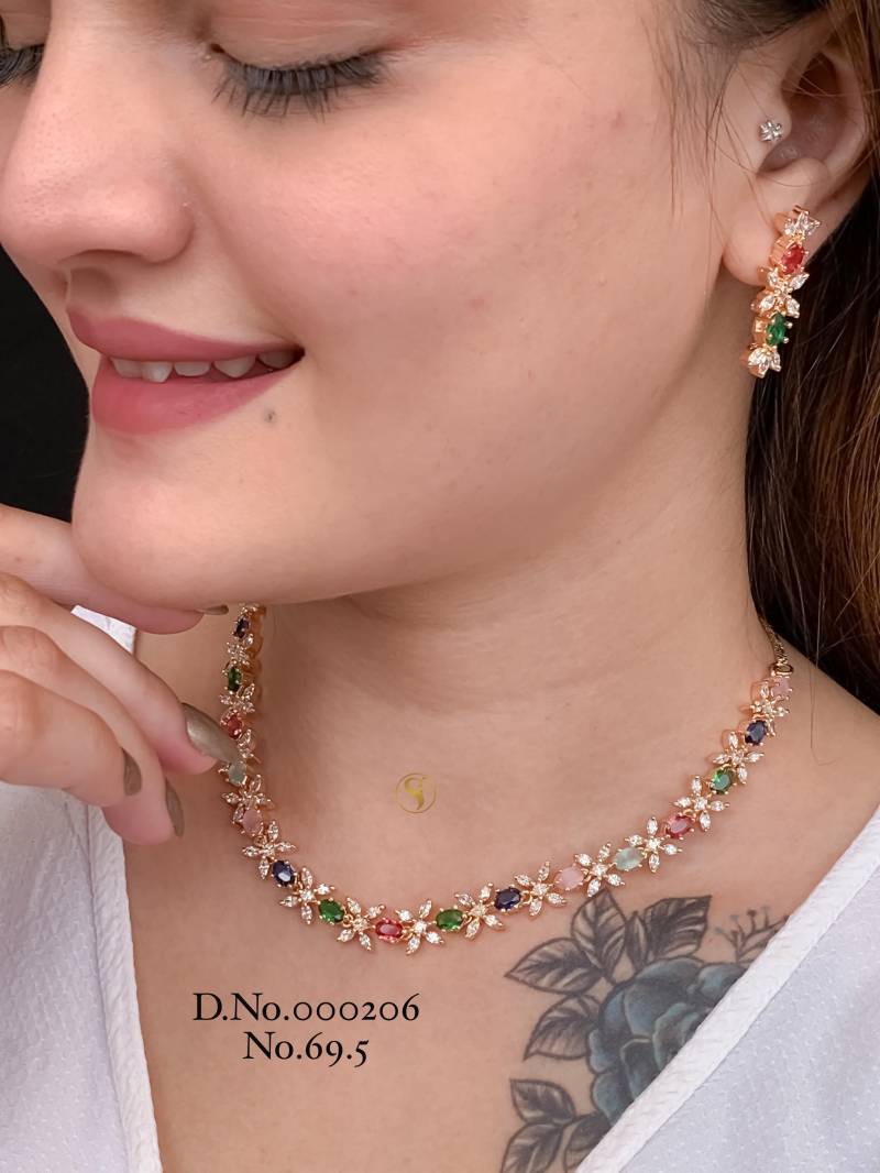 AD Diamond Silver And Rose Gold Necklace Set 16