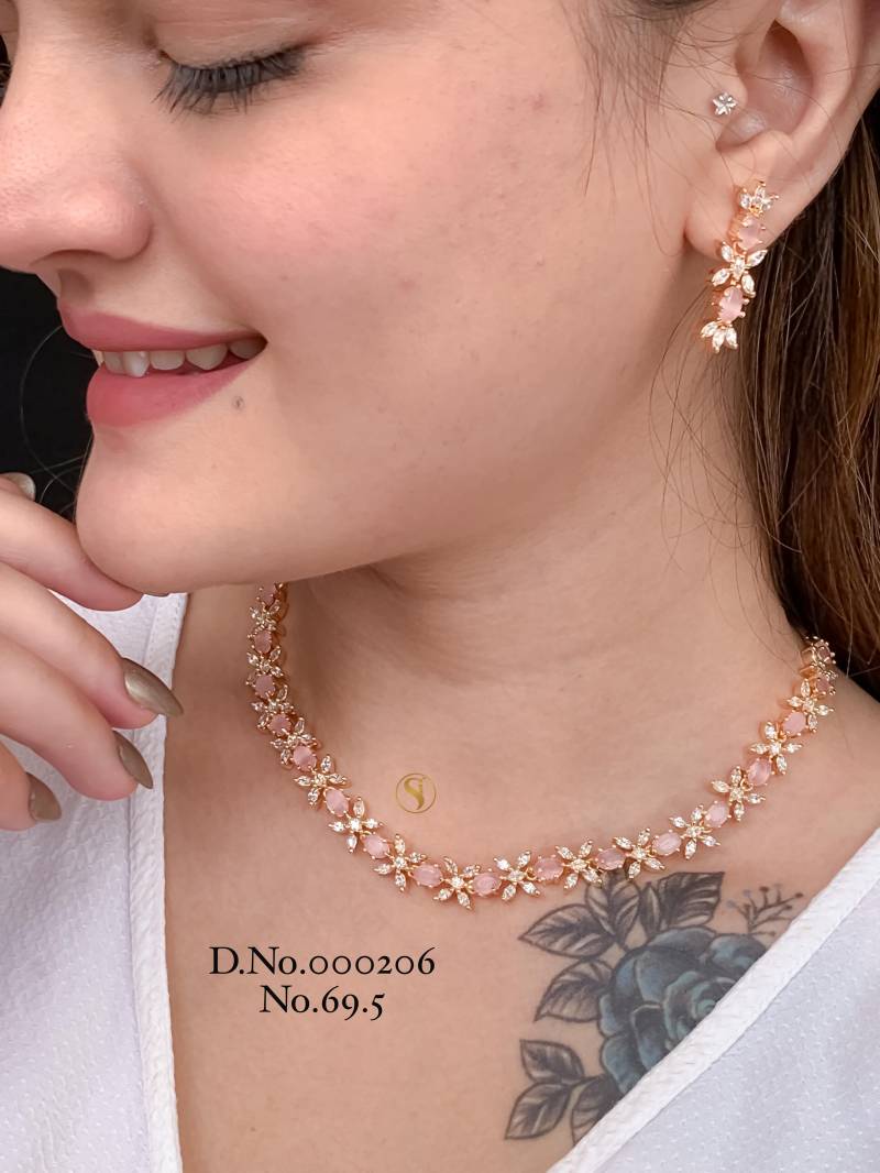 AD Diamond Silver And Rose Gold Necklace Set 16