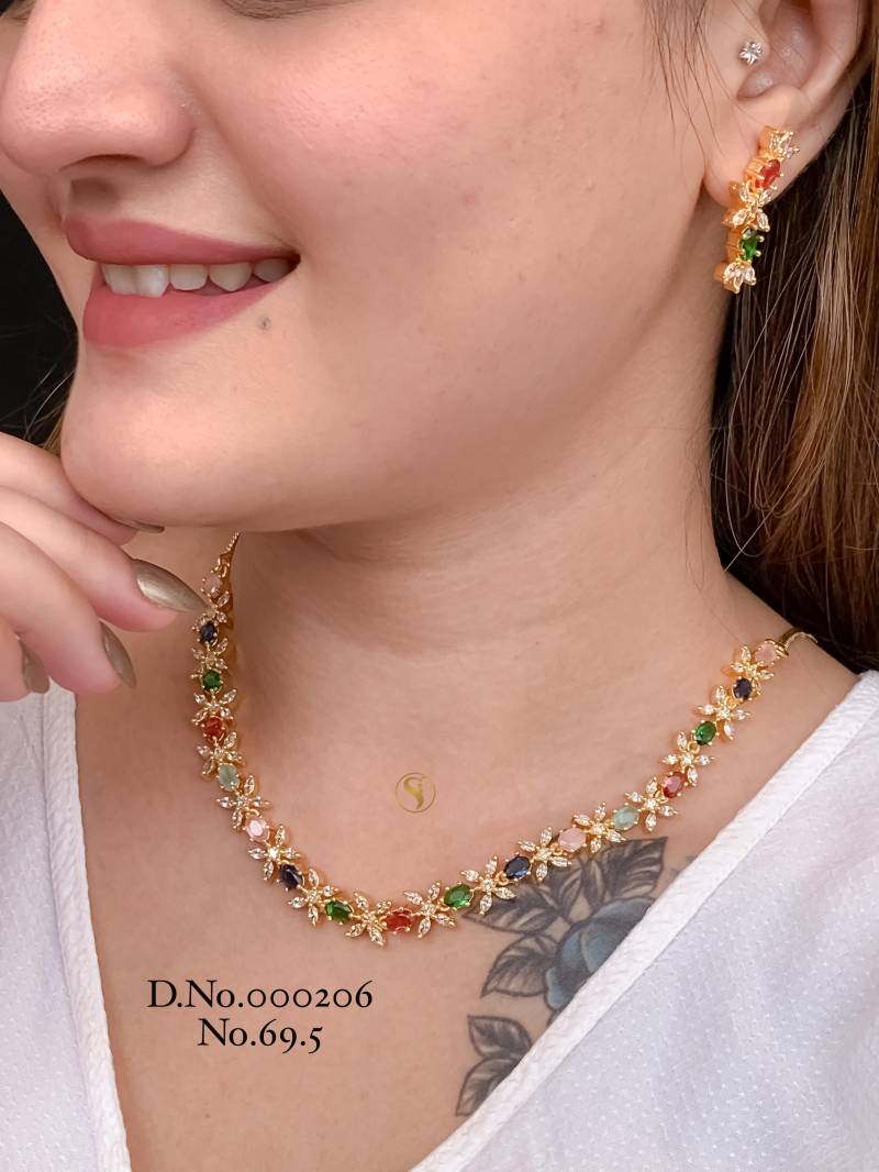 AD Diamond Silver And Rose Gold Necklace Set 16