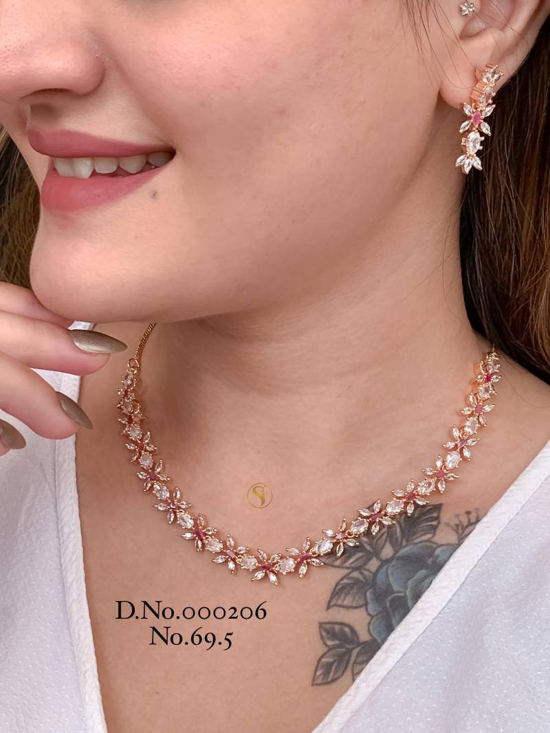 AD Diamond Silver And Rose Gold Necklace Set 16