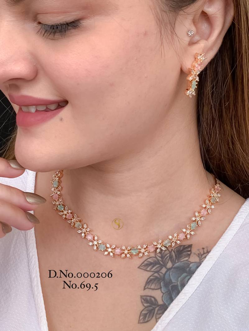 AD Diamond Silver And Rose Gold Necklace Set 16